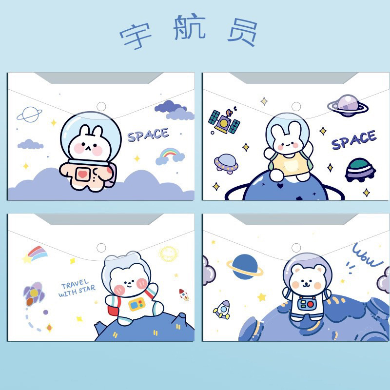 Bìa Sơ Mi Đựng Tài Liệu Khổ A4 Có Nút Bấm Mẫu Gấu Phi Hành Gia/Bé Gái/Mèo