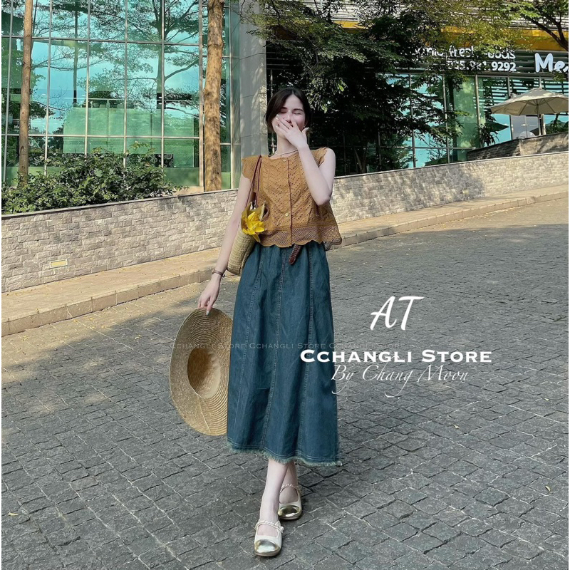 áo thô ren mix chân váy kèm belt chuẩn Chang Moon