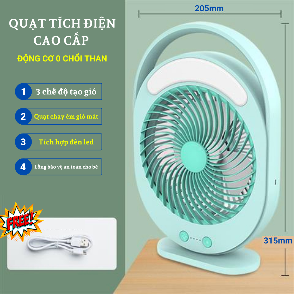 Quạt để bàn sạc  tích điện cao cấp NP-YG-719 có dây USB,Đèn LED sáng mạnh yếu,3 chế độ gió-Dung Lượng Pin 4400mAh