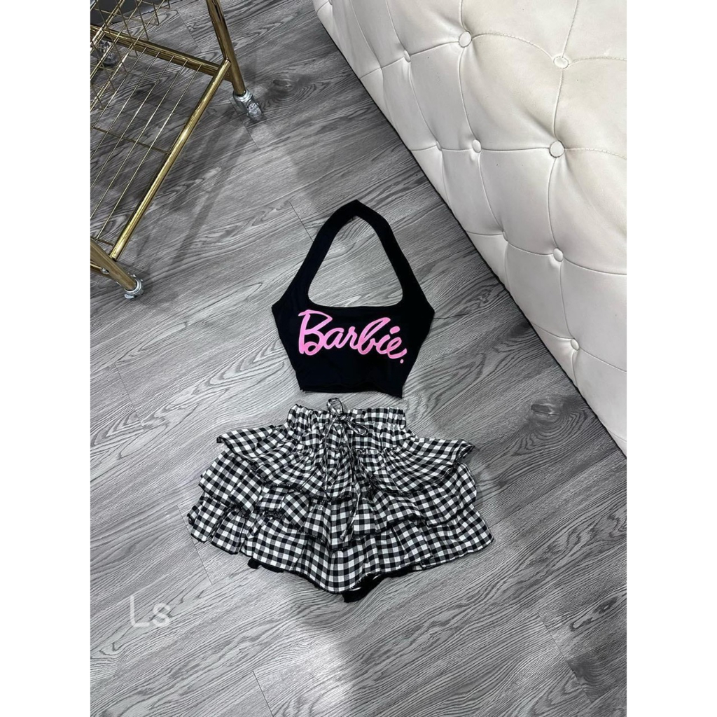 Set áo yếm babie kèm quần tầng bồng xinh carro h