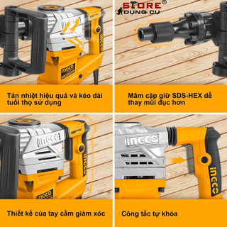 1300W Máy đục bê tông INGCO PDB13008, máy đục phá bê tông công suất 1300w, lực đập 20J, máy đục 17ly đuôi HEX