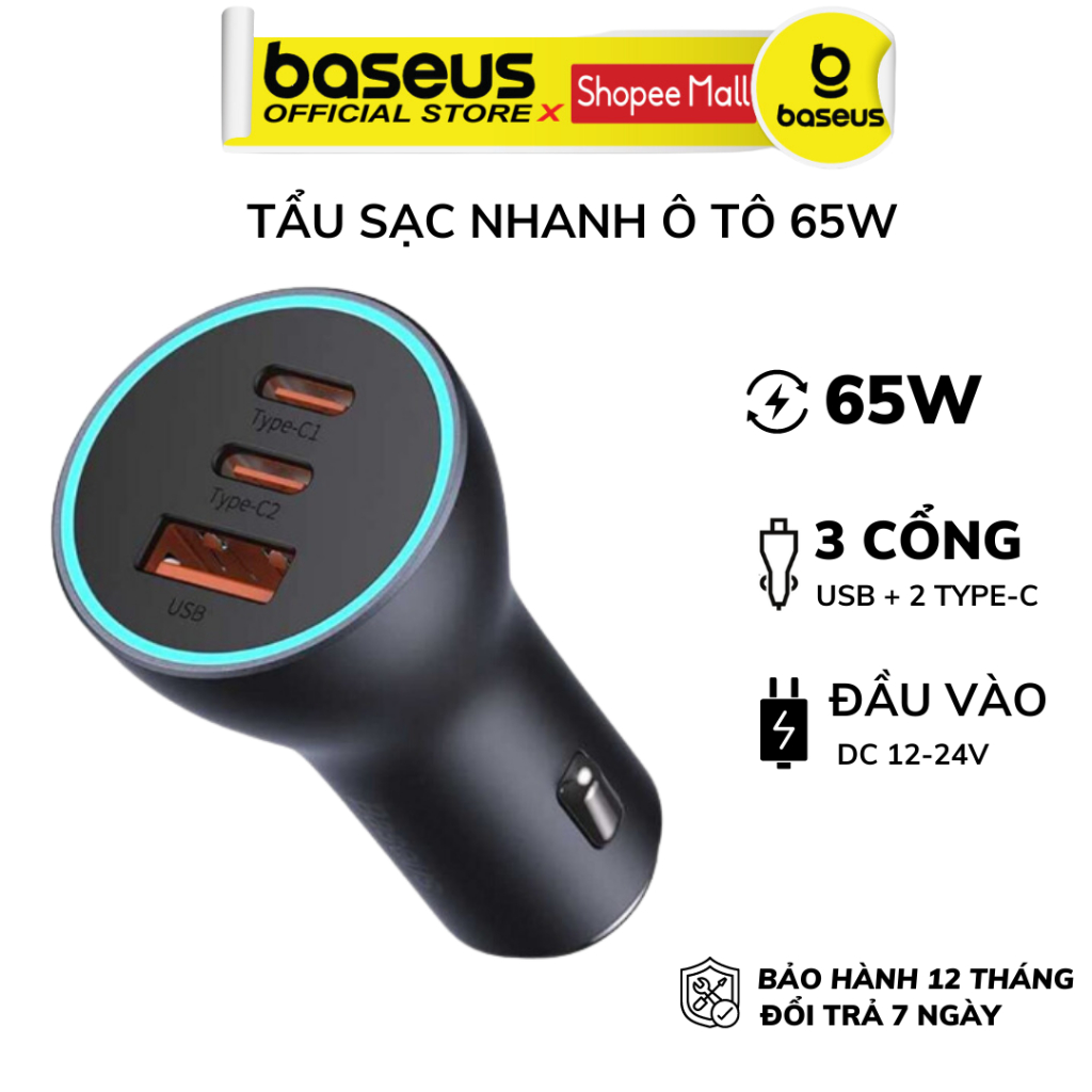 Tẩu Sạc Nhanh 65W Trên Xe Ô Tô Baseus Golden Contactor 3 Công 2U+C Hỗ Trợ Sạc Nhanh 4.0 3.0 | BigBuy360 - bigbuy360.vn