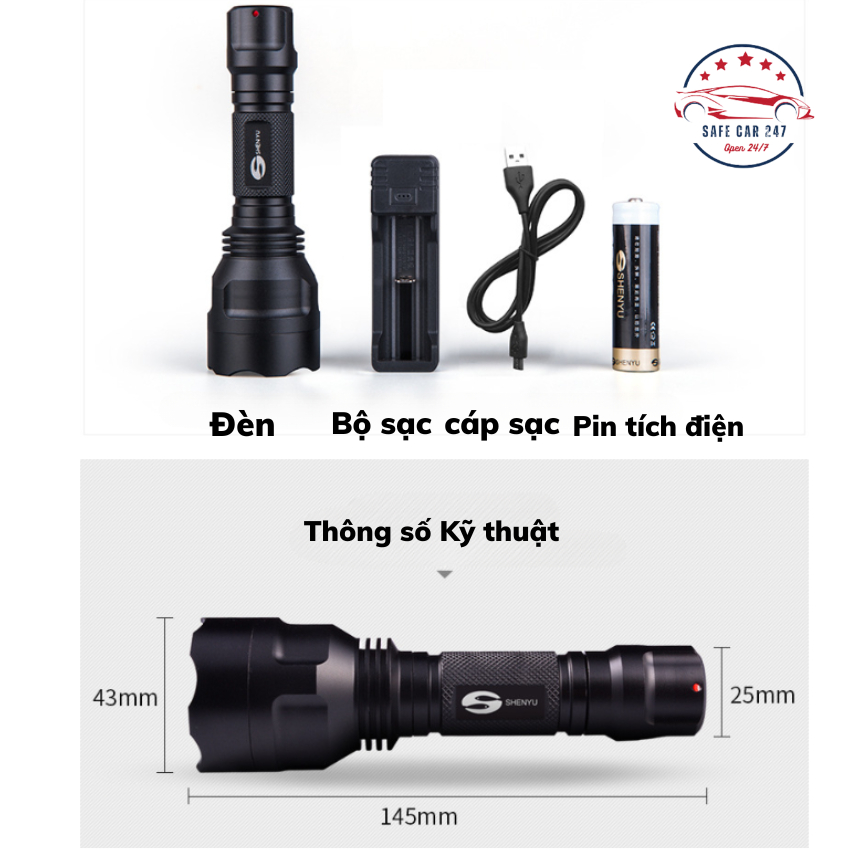 Đèn pin siêu sáng cầm tay ô tô - Đa chức năng chiếu sáng,tự vệ,phá kính,Chiếu sáng xa gần phù hợp đi soi đường,cắm trại