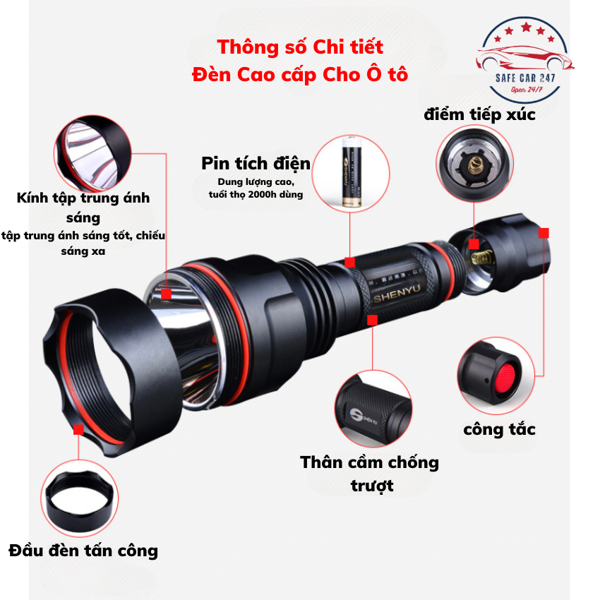 Đèn pin siêu sáng cầm tay ô tô - Đa chức năng chiếu sáng,tự vệ,phá kính,Chiếu sáng xa gần phù hợp đi soi đường,cắm trại