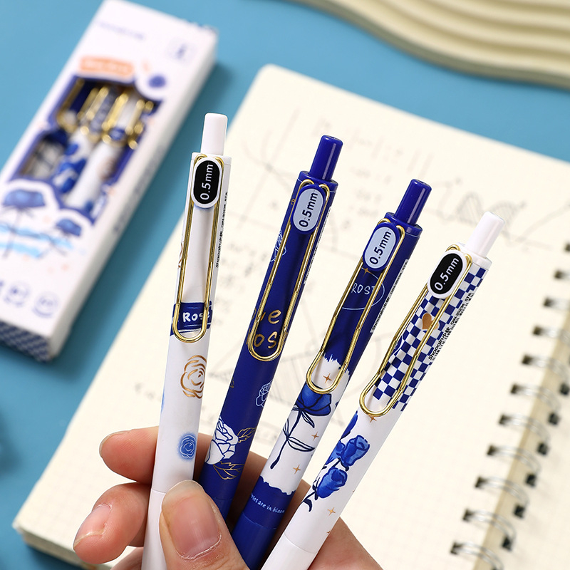 Bút gel hoa hồng xanh mực đen ngòi ST 0.5mm - bút bi gel đen dễ thương có ruột bút thay thế