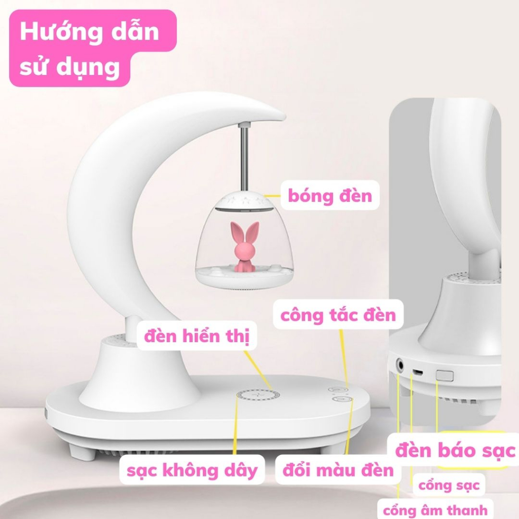 💥XẢ LỖ💥 Đèn Ngủ Mặt Trăng Lơ Lửng 3 Trong 1 Mẫu Gấu Thỏ - Đèn decor kiêm sạc không dây, loa bluetooth