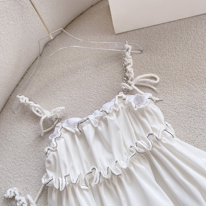 ĐẦM BABYDOLL DENIM 2 DÂY TRẮNG VIỀN BÈO TẦNG