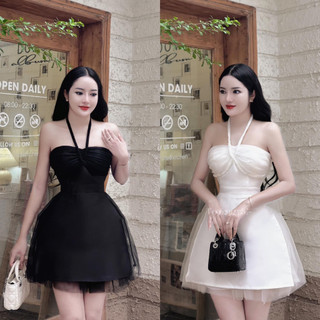 Jumpsuit quần váy cúp ngực cổ yếm thắt