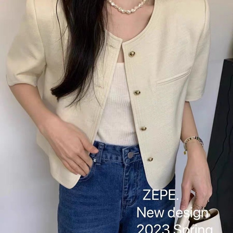 Mã 04 Áo blazer ngắn tay cổ tròn cúc tròn màu be, áo vest nữ | BigBuy360 - bigbuy360.vn