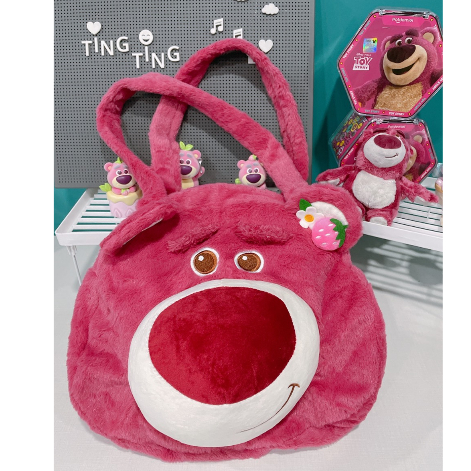 Túi gấu dâu size 30cm màu hồng đậm mới lông mềm mịn siêu đáng yêu, túi xách họa tiết Lotso _ Ting Ting