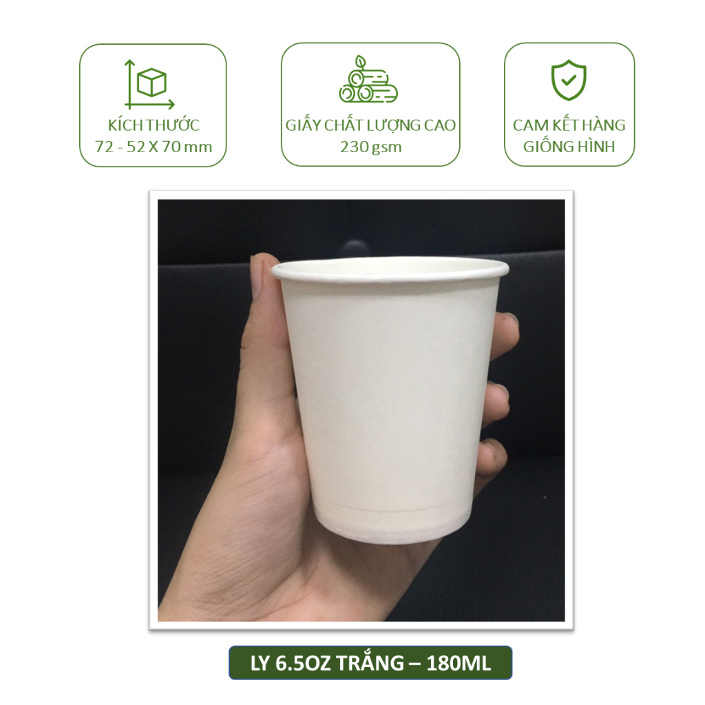 50 ly giấy trắng 230gsm cao cấp 195ml - 6.5oz, 210ml - 7oz, ly cốc giấy văn phòng chịu nhiệt dùng 1 lần