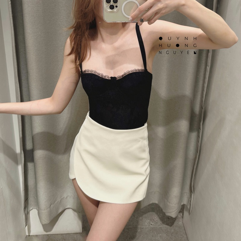 Áo croptop ren 2 lớp thiết kế cup ngang gợi cảm (mút mỏng lắp rời)