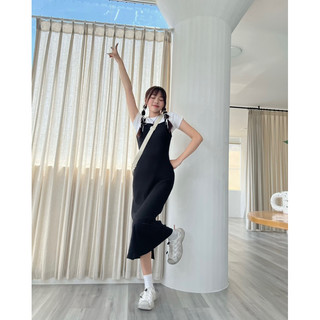 JANET STUDIO • Đầm 2 dây thun gân đen dài