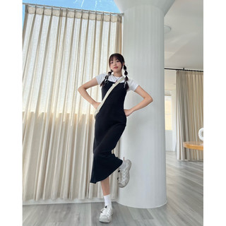 JANET STUDIO • Đầm 2 dây thun gân đen dài