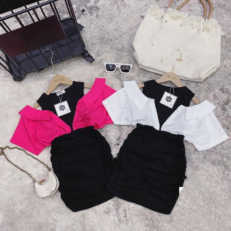 Váy   body phối somi liền hở vai xinh xắn bé gái