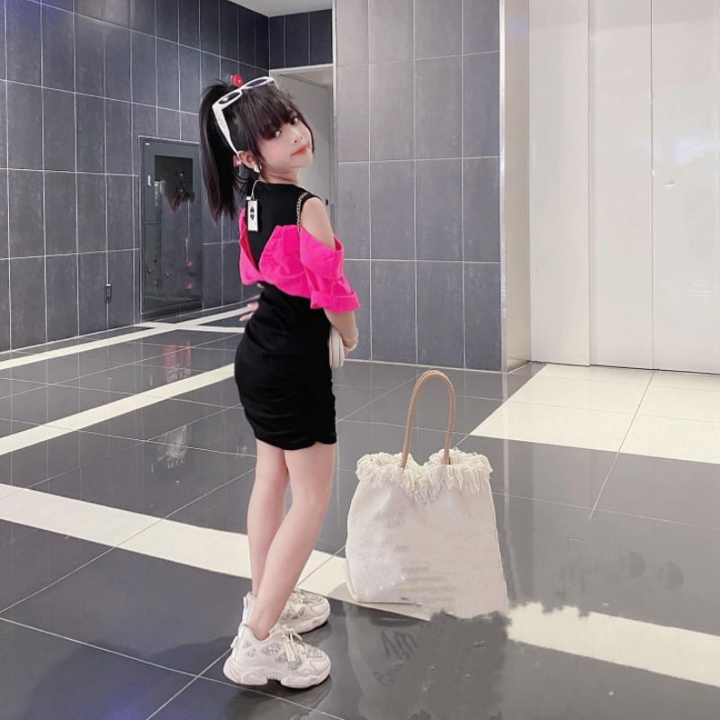 Váy   body phối somi liền hở vai xinh xắn bé gái