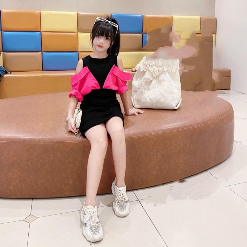 Váy   body phối somi liền hở vai xinh xắn bé gái