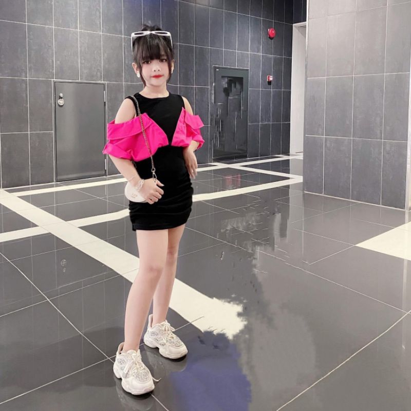 Váy   body phối somi liền hở vai xinh xắn bé gái
