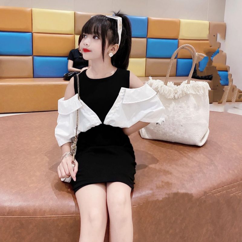 Váy   body phối somi liền hở vai xinh xắn bé gái