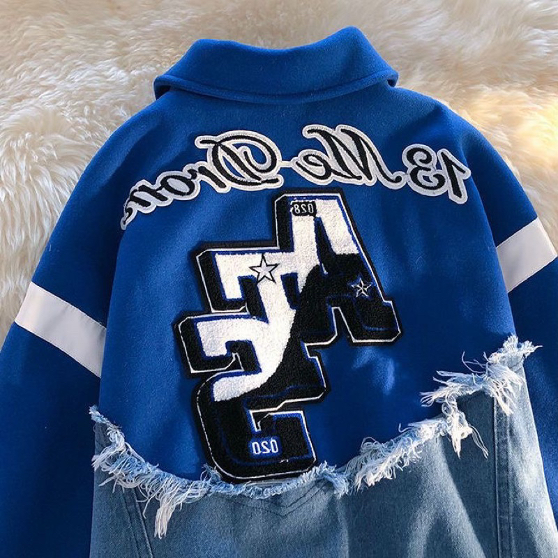 Áo khoác Bomber phối jeans thêu chữ sắc nét UNISEX nam - nữ