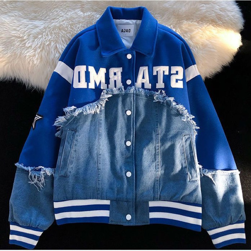 Áo khoác Bomber phối jeans thêu chữ sắc nét UNISEX nam - nữ