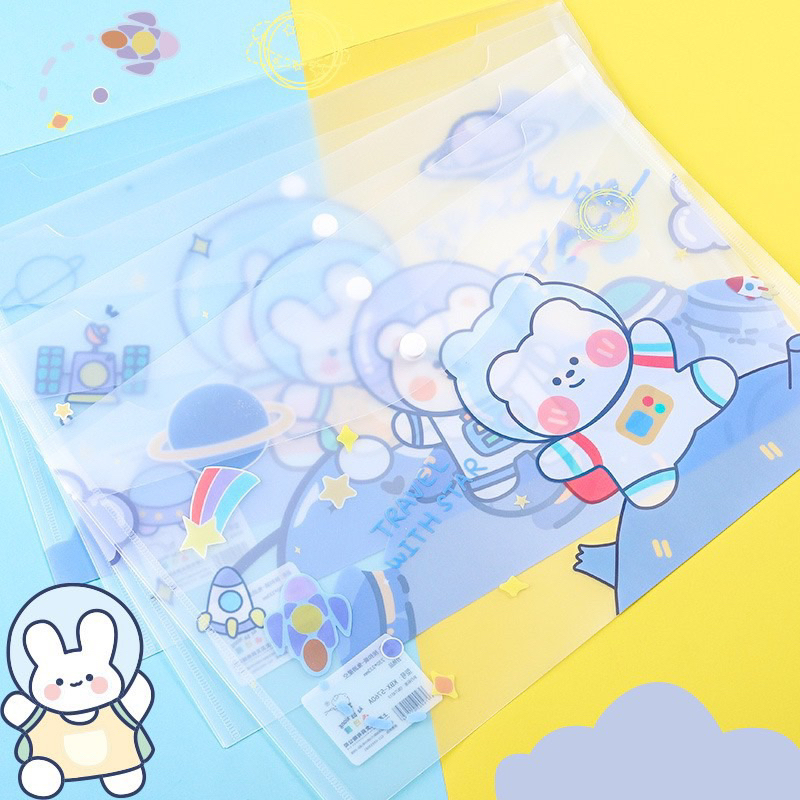 Bìa Sơ Mi Đựng Tài Liệu Khổ A4 Có Nút Bấm Mẫu Gấu Phi Hành Gia/Bé Gái/Mèo