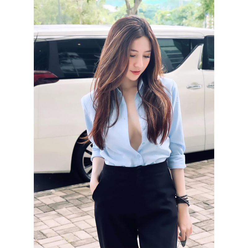 Áo Sơ Mi Nữ Dài Tay Màu Xanh Cổ Nhỏ,Hàng Thiết Kế Chất Vải Đẹp,