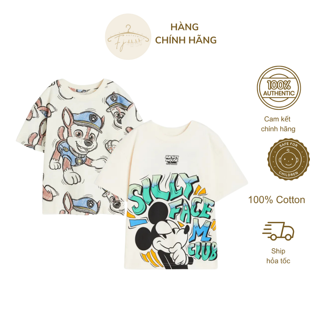 Áo thun bé trai chính hãng HM, áo phông ngắn tay be họa tiết cứu hộ chất cotton đẹp cho bé 18 tháng đến 10 tuổi Auth