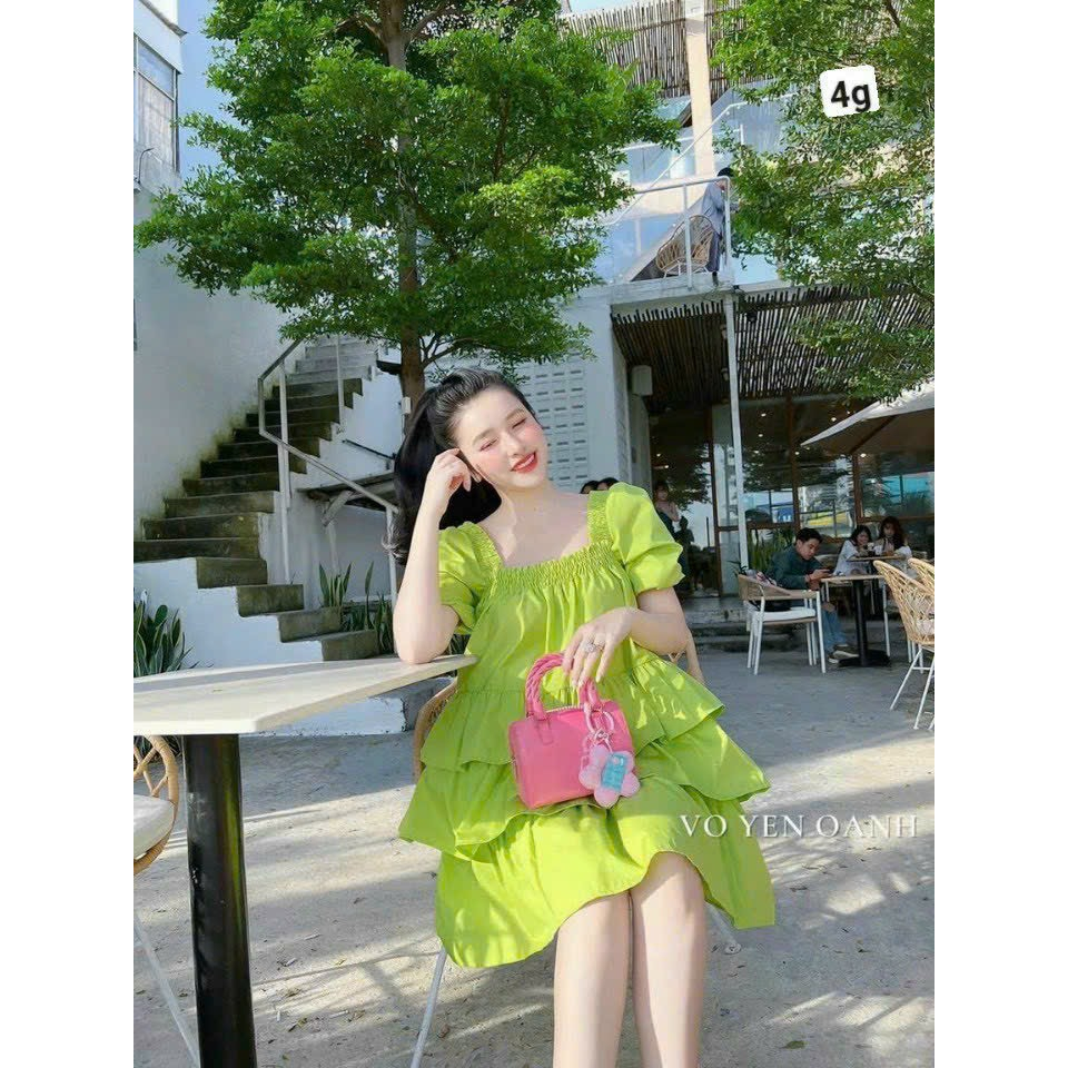 Đầm thời trang nữ mặc đi chơi chất lụa 100D fom babydol rộng cổ vuông, váy nhiều tầng có 2 màu xanh và hồng