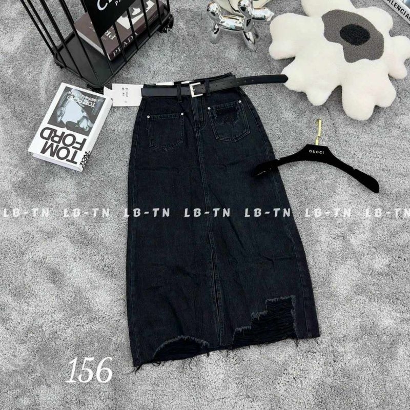 Chân váy jeans dài rách kèm đai hàng QCL1