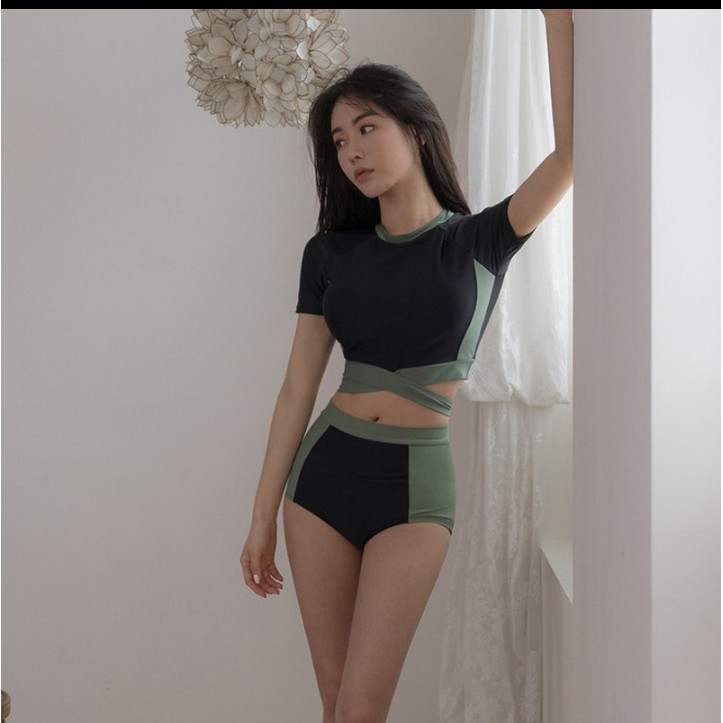 Bikini 2 mảnh đồ bơi đi biển nữ áo croptop tay cọc váy xòe và quần cạp cao kín đáo MARINA045