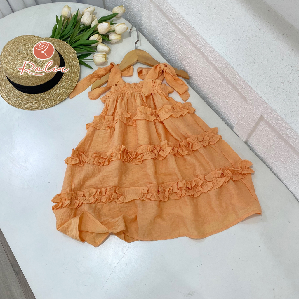 Váy hai dây màu cam tự nhiên cho bé gái ROLIA mặc lên xinh điệu dễ mặc cho bé có size từ 2-10 tuổi V158