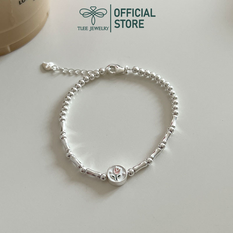 Lắc tay bạc nữ TLEE đốt trúc mix bi hoa tuylip xinh xắn TleeJewelry LT0188