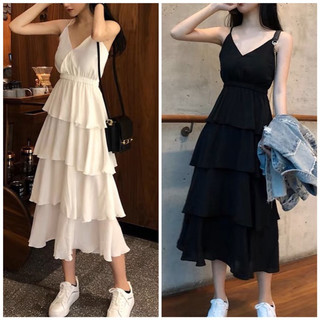 Đầm 2 dây 4 tầng sang chảnh 2 màu trắng đen