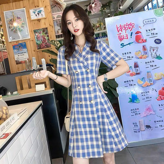 Đầm vest caro xanh 6 nút công sở nhẹ nhàng nữ tính
