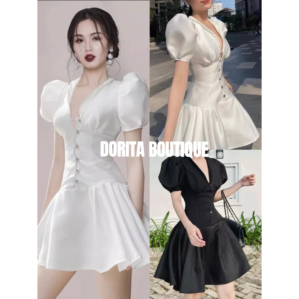 Váy trắng cổ V đuôi bèo xếp li Tacta tay bồng DORITA BOUTIQUE