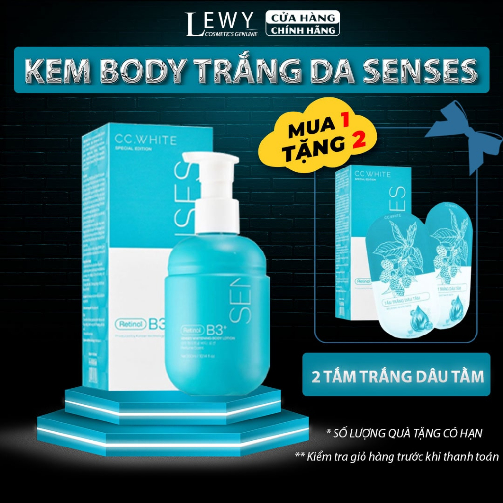 Kem body SENSES dưỡng trắng da, kem dưỡng ẩm body nâng tone da mờ thâm tặng 2 gói tắm trắng dâu tằm 300ml