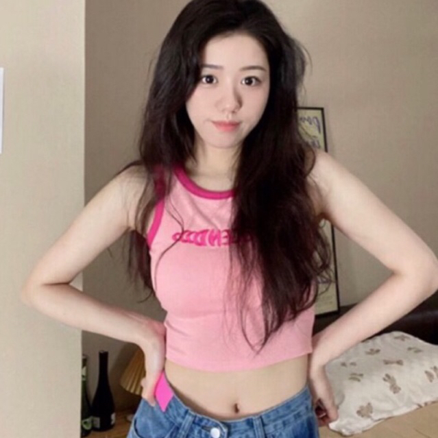 ÁO THUN BA LỖ DÁNG CROPTOP THÊU CHỮ PHỐI VIỀN CHẤT THUN TĂM CO DÃN THOẢI MÁI MÁT MẺ
