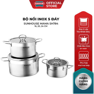 Bộ nồi inox 5 đáy SUNHOUSE MAMA SH784 ✅ Hàng Chính Hãng ✅ Đun được trên bếp điện từ