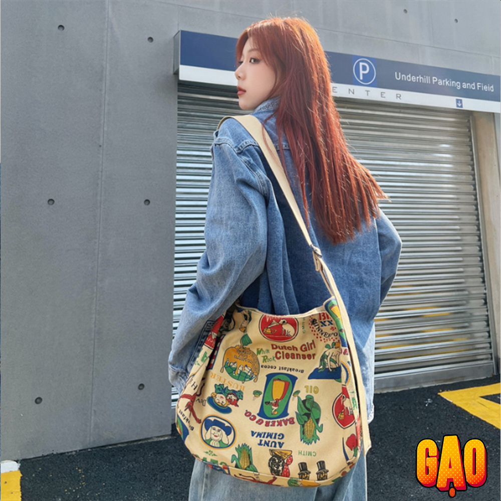 Túi đeo chéo vải canvas retro phong cách, vintage độc lạ cho mùa hè , phong cách Hàn Quốc