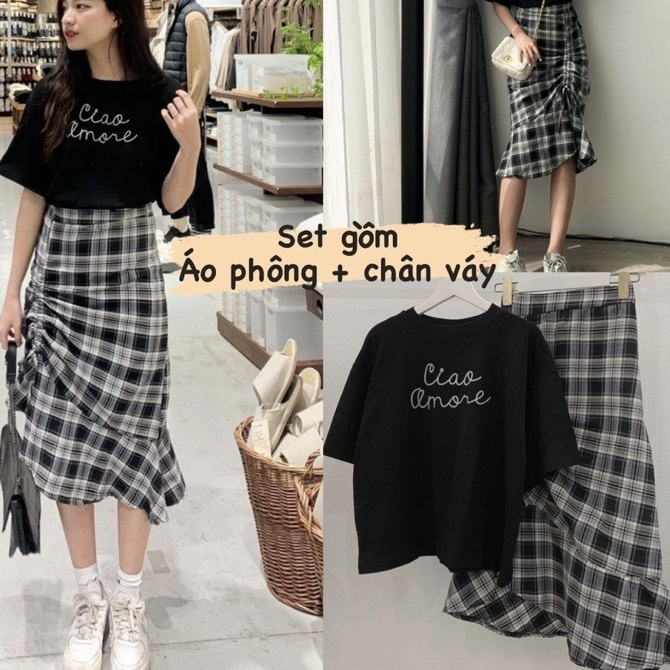 Set áo phông đen mix chân váy đuôi cá dây rút DORITA BOUTIQUE