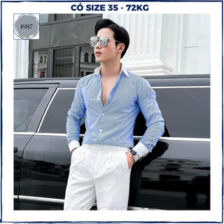 Áo sơ mi nam tay dài hình thêu áo sơmi vải lụa chống nhăn form dáng chuẩn