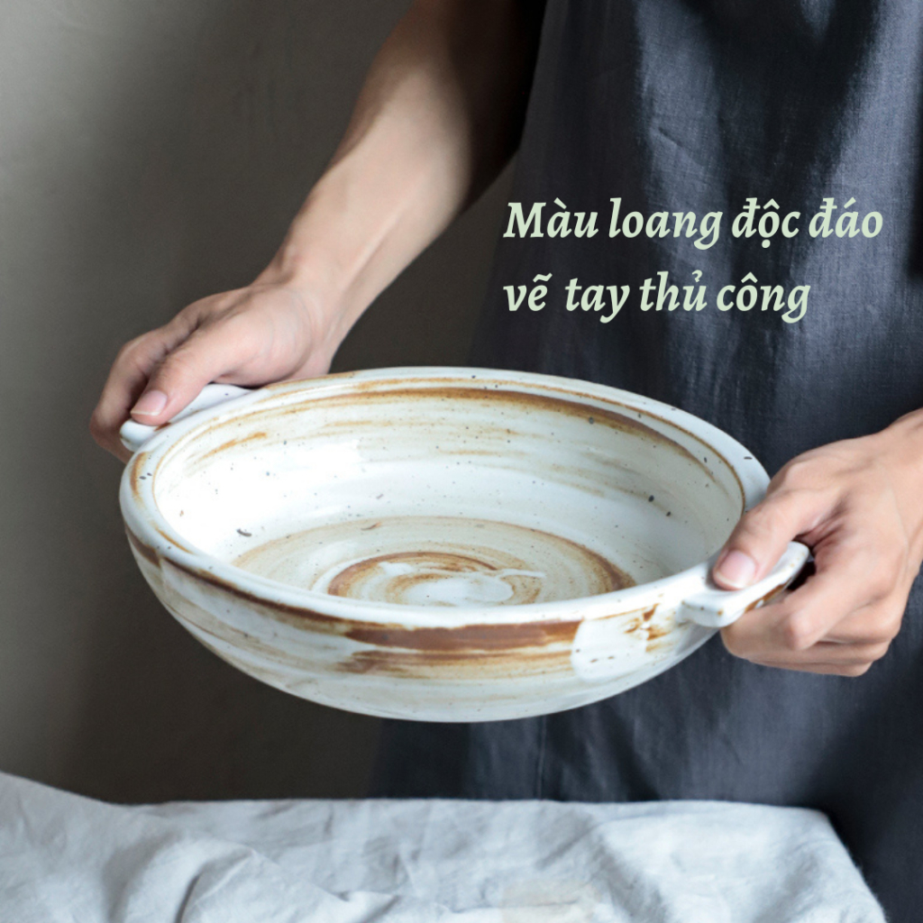 Đĩa gốm thô Nhật Bản phong cách cổ điển quai cầm