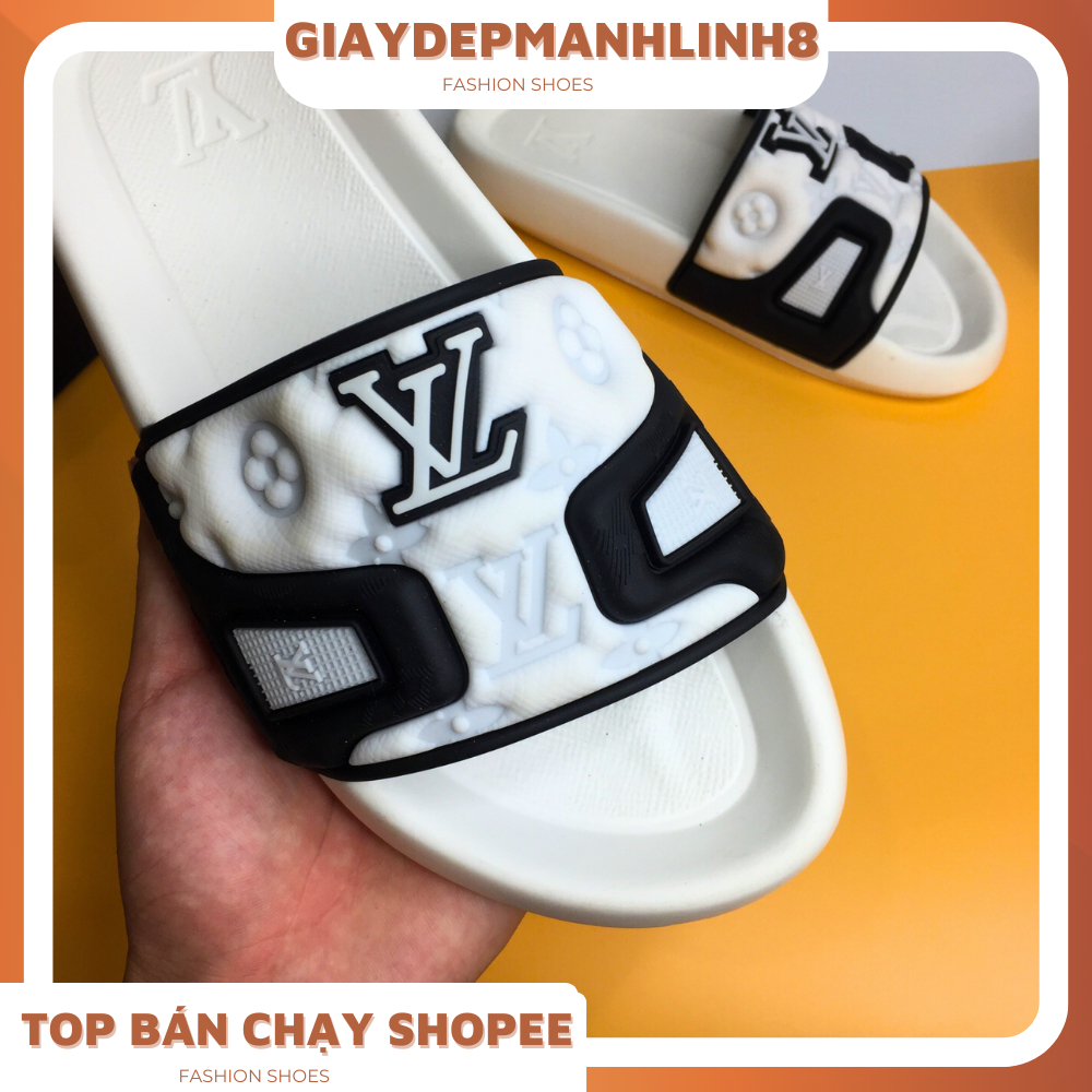 Dép Quai Ngang Đúc LV nguyên khối dành cho nam nữ , Dép bánh mì L.V màu đen trắng . Ảnh + clip thật