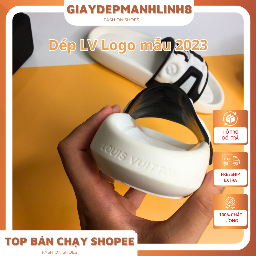 Dép Quai Ngang Đúc LV nguyên khối dành cho nam nữ , Dép bánh mì L.V màu đen trắng . Ảnh + clip thật