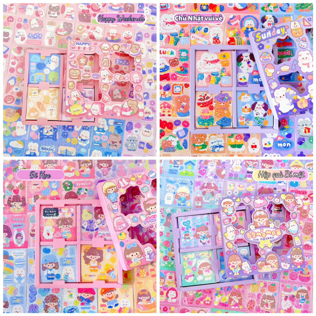 Hộp Set 100 Sticker Trong Suốt Trang Trí Sổ Tay Cute Mũ Bảo Hiểm Bullet Journal