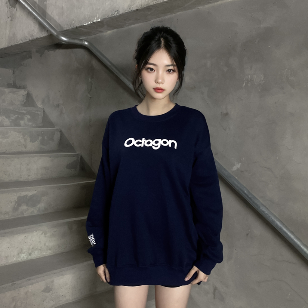 Áo Sweater Form Rộng OCTAGON ESSENTINAL Nỉ Bông Màu Xanh Navy