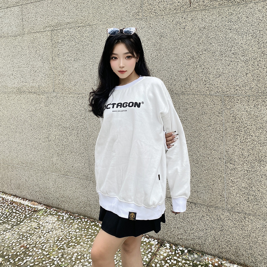 Áo Sweater Nỉ Bông Cổ Tròn Basic OCTAGON Màu Trắng Form Rộng Phong Cách Năng Động SS01