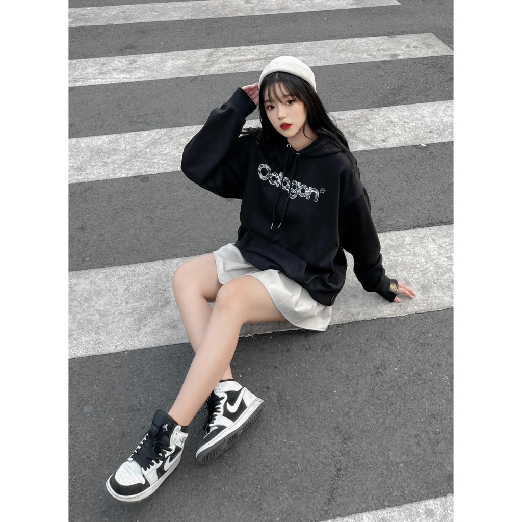 Áo Hoodie Nam Nữ Form Rộng OCTAGON THE CITY Vải Nỉ Bông Màu Đen