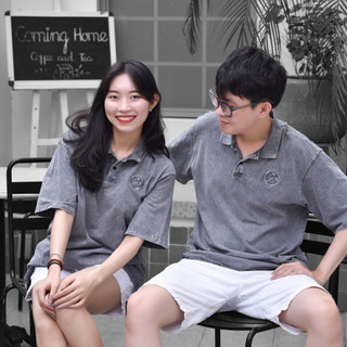 Áo Polo Cotton NAP Thêu Hình Phong Cách Trẻ Form Rộng Hippop Màu Xám Đen